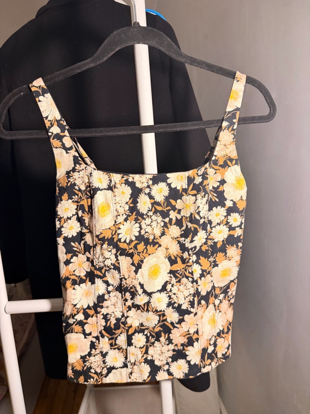 Abercrombie & Fitch Black Floral Square-Neck Tank with Cream and Yellow Blooms